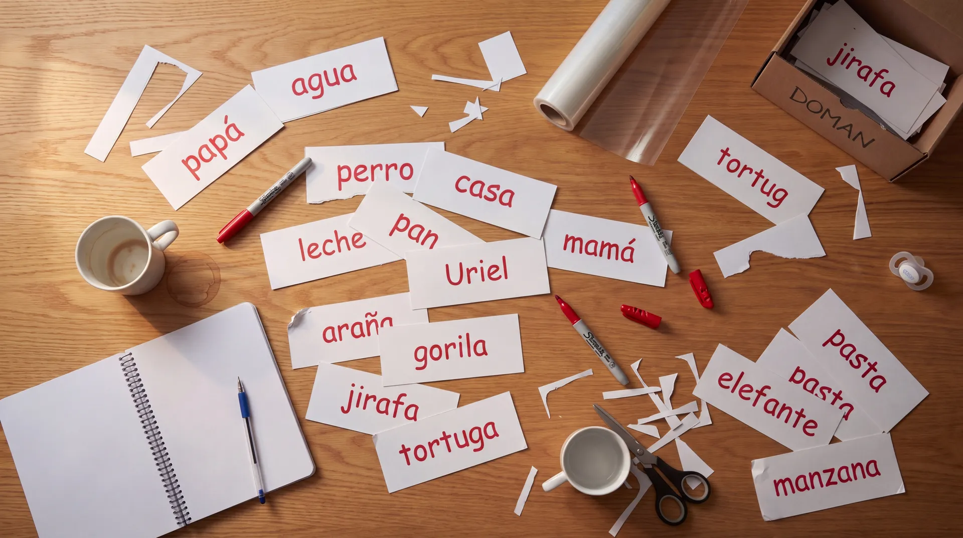 Manos preparando cartulinas para el método Doman a medianoche