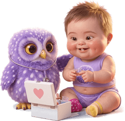 Mimo con su botiquín de juguete y Bubo con estetoscopio