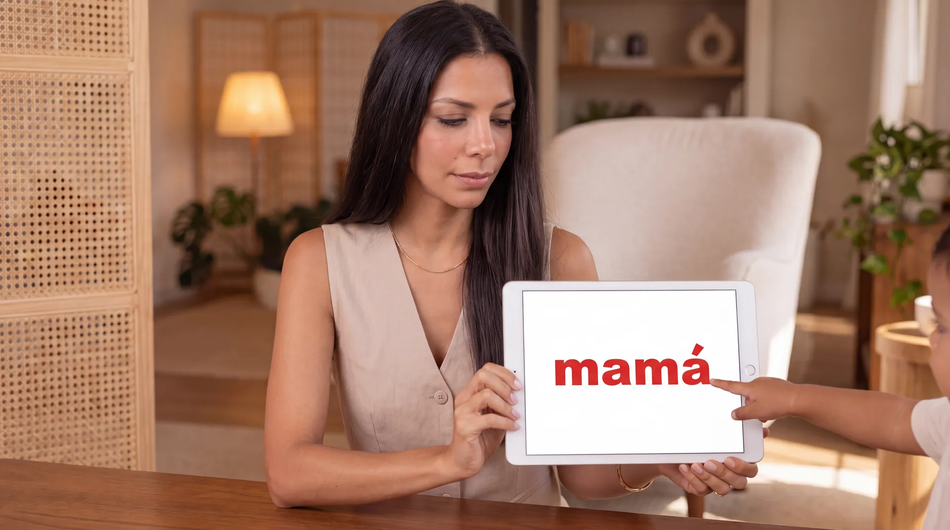 Madre usando VerbaKids con su hijo desde casa