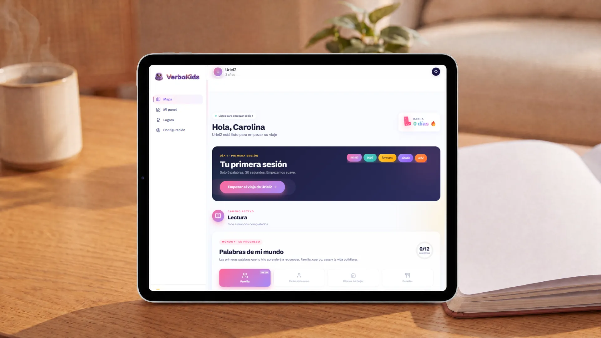 Dashboard de la app VerbaKids mostrando el método Doman en una tablet