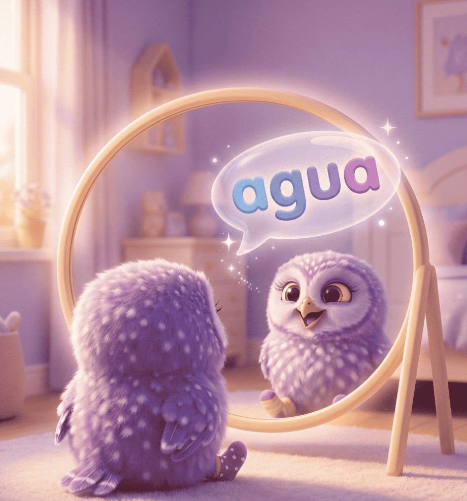 Bubo, la mascota de VerbaKids, viéndose a sí mismo en el Espejo del Mañana