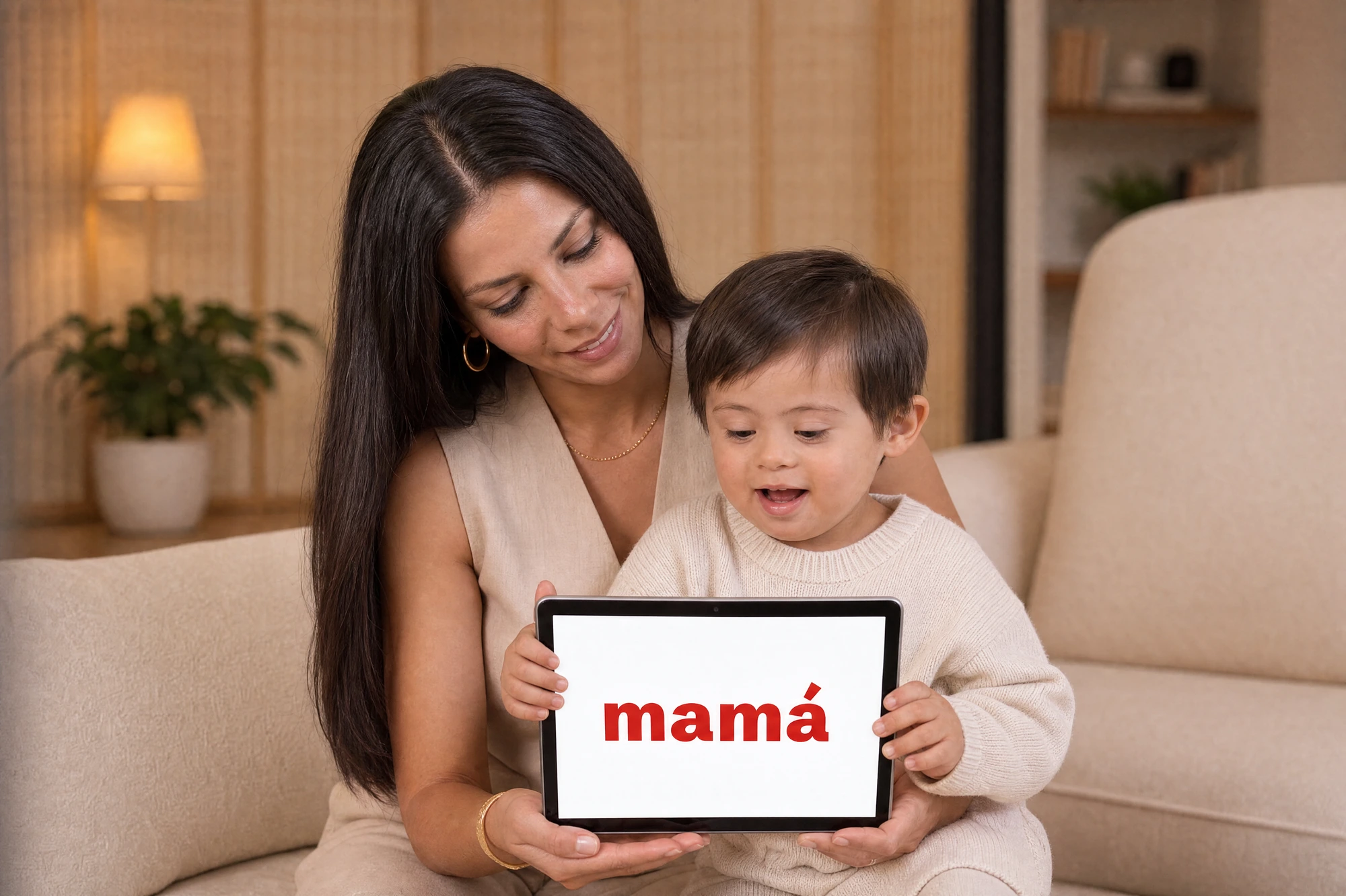 Niño con síndrome de Down aprendiendo a leer con el método Troncoso en una tablet