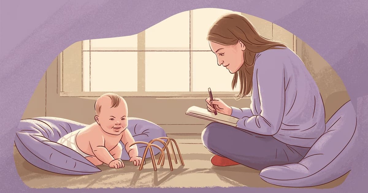 Ilustración: hitos del desarrollo del bebé con síndrome de Down mes a mes: lenguaje, motor y social
